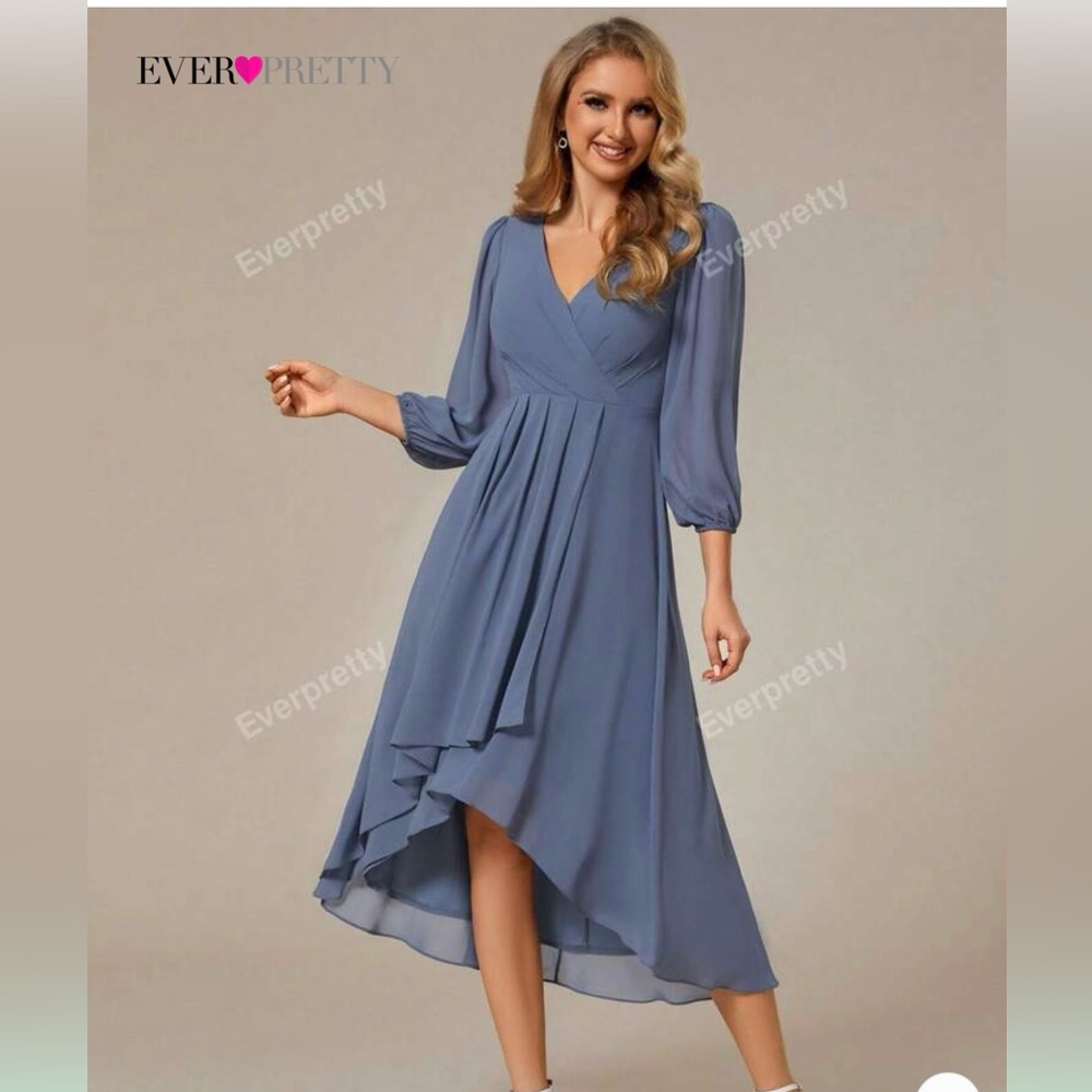 SHEIN NWT ever pretty Blue Wrap Pleated Sundress with Bishop Sleeves